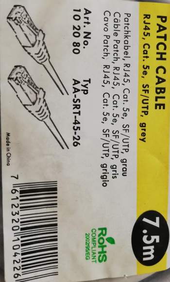 Patch cable 7,5m RJ45 Cat. 5e, SF/UTP, grey