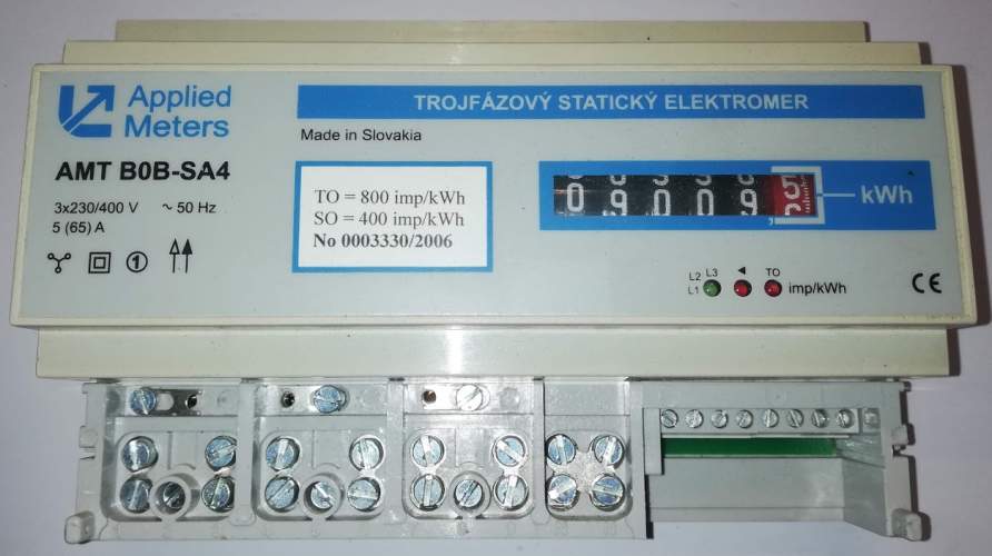 elektroměr AMT B0B-SA4 3x230V/400V, starší, bez krytky přípojnice