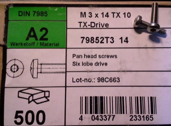 šroubek M3x14 TX10 - TX drive six globe drive ..  balení 500ks za 90Kč