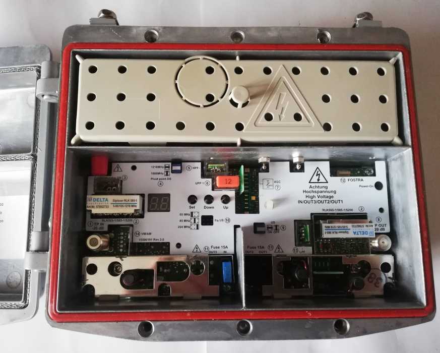 Delta forsterker LHD43RGA85, 40-1218MHz  - 65/85/204MHz retur, 28-65Vac, 43dB, FSK.. použitý / used  ..  cena na dotaz / price on request