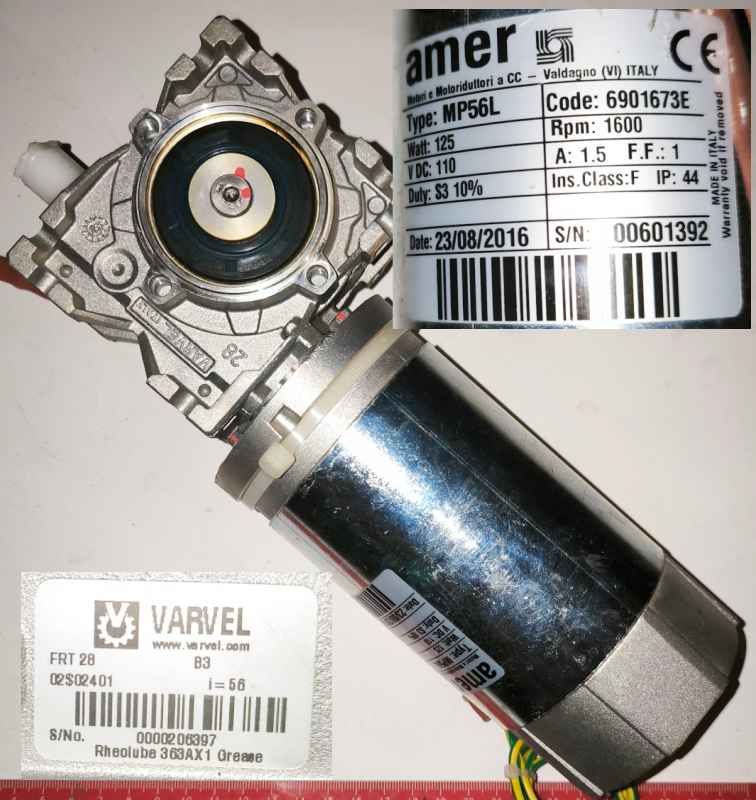 sestava: motor AMER MP56L 110Vdc 125W Rpm 1600,  +  převodovka FRT28, i=56, B3.. použitý / used     .. cena na dotaz / price on request  (008)
