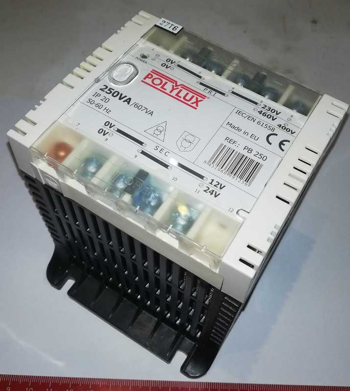 transformator POLYLUX PB250 250VA  230/400/460V -  12/24V 50/60Hz   .. použitý / used .. poškozený plast
