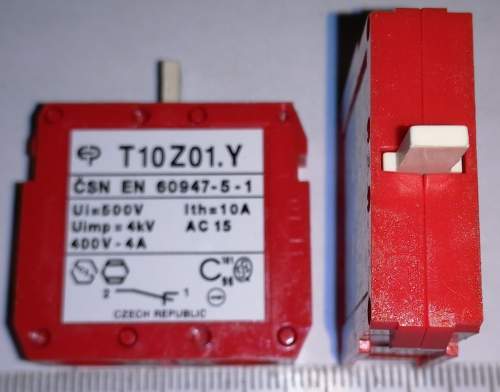 T10Z01Y  - 1x rozpínací kontakt 10A 500V, šroubky ze spodu, rudá barva   .. cena na dotaz / price on request