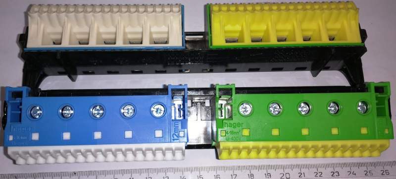 svorkovnice HAGER 4-16mm2 Uf=400V, modrý 4pin, zelený 4pin, nové