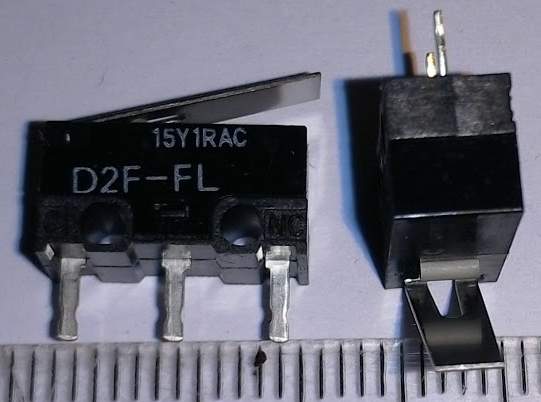 D2F-FL - Mikrospínač SPDT-NO/NC Páka se závěsem 1A ..  balení 9ks za 60Kč