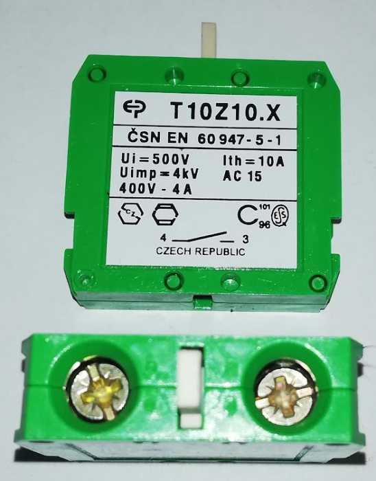 T10Z102X - 1x spínací kontakt 10A 500V zelená barva, šroubky shora u čudlíku   .. cena na dotaz / price on request