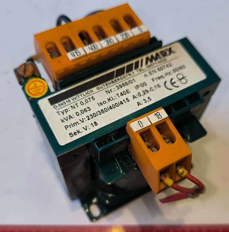 není skladem - transformátor MARX - 230/380/400/415V - 18V 3,5A, z demontáže, nutno proměřit, bez záruky