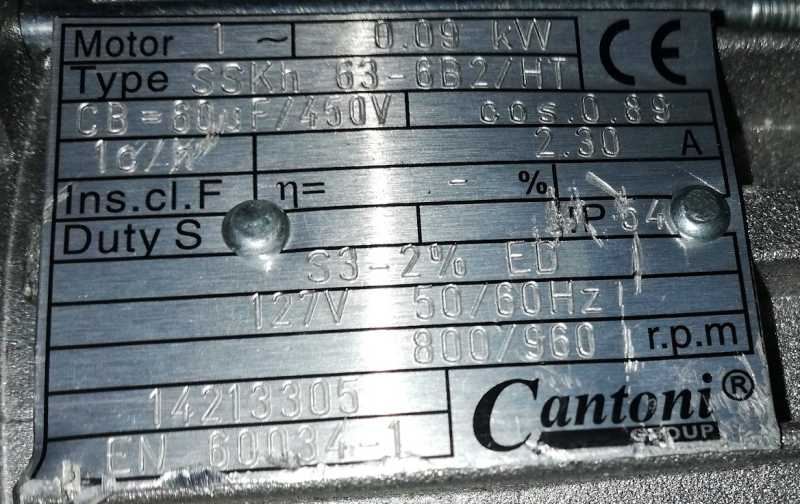 motor CANTONI SSKh 63-6B2/HT 1f 0,09kW 127V/50-60Hz , 800-960rpm