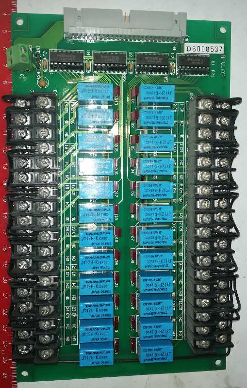 není skladem - deska na rozebrání, 24 x relé TAKAMISAWA JY12H-K 12Vdc, svorkovnice