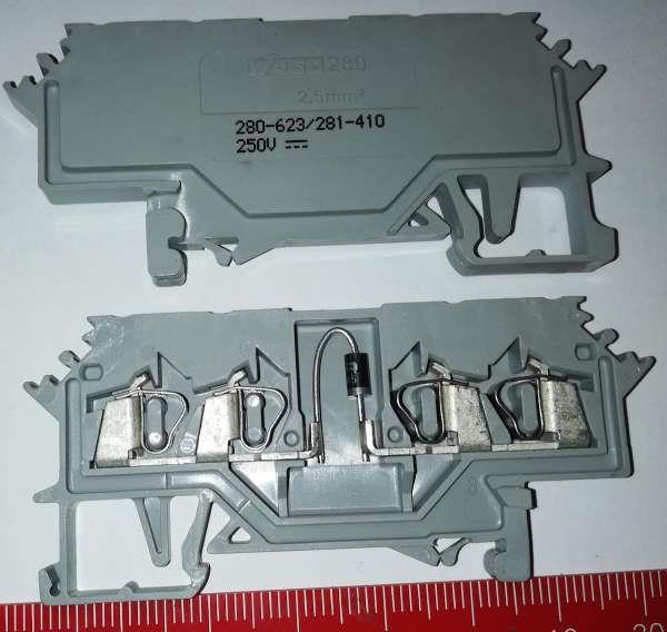 280-623/281-410  Component terminal block; 4-conductor; with diode 1N4007; anode, left side; for DIN-rail 35 x 15 and 35 x 7.5; 2.5 mm²; CAGE CLAMP®; 2,50 mm²; gray