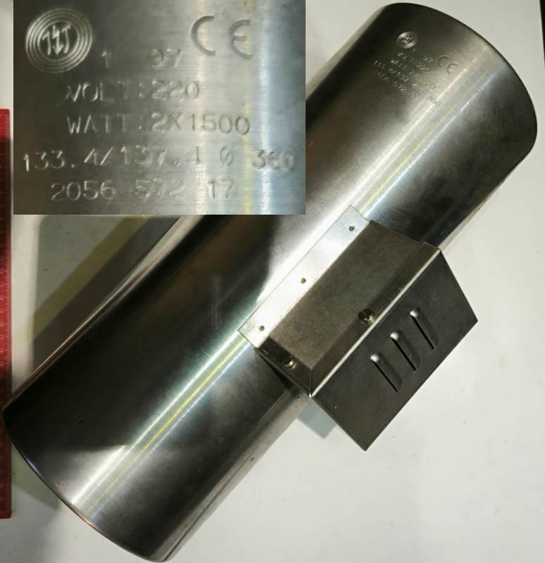 topné těleso DESMA 2056.572.17 - 220V, 2x1500W, r.v. 1/95, výška 360mm, průměr 133.4/137.4mm