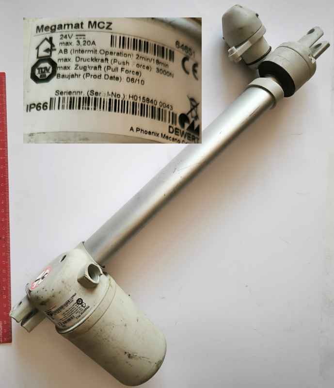 výsuvný pohon MEGAMAT MCZ 64651 - 24Vdc, výsuv cca 200mm, vč. konektoru  .. použitý / used   .. cena na dotaz / price on request
