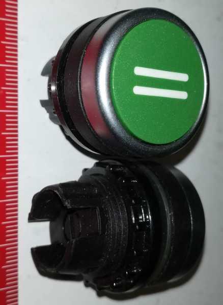 MOELLER ovládací knoflík, z demontáže, na ND, dvojitá čárka na zeleném, oblá základna