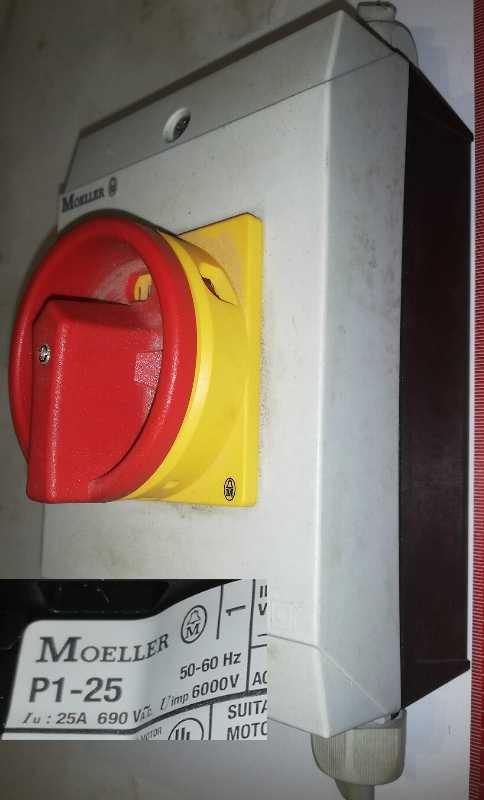 MOELLER P1-25 silový vypínač 25 A 690 V 1 x 90 ° žlutá, červená, v krabičce  .. použitý / used