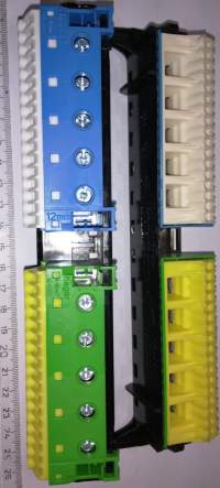 svorkovnice HAGER 4-16mm2 Uf=400V, modrý 4pin, zelený 4pin, nové